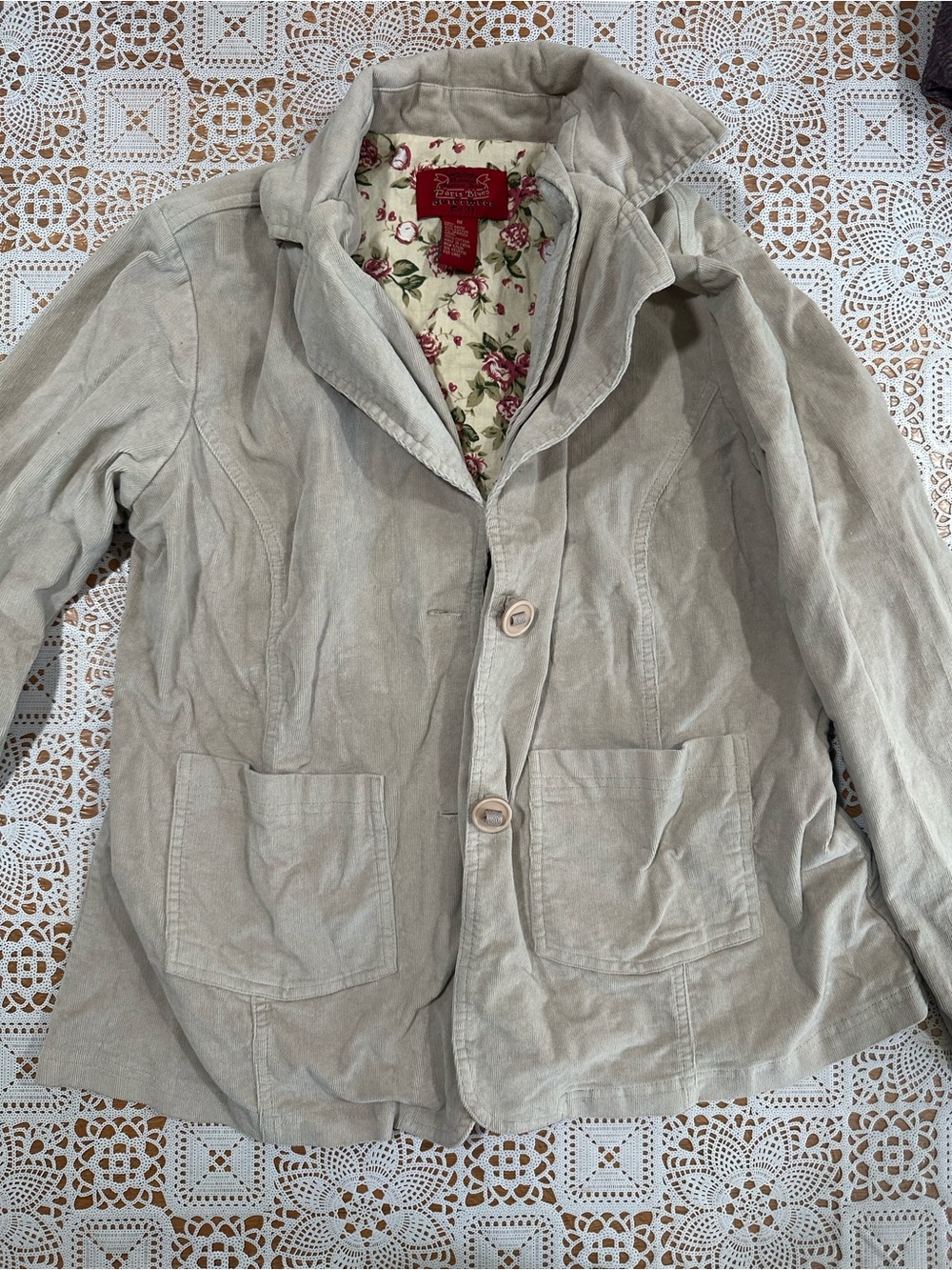 Paris Blues Beige Corduroy Blazer Jacket Floral Lined Plus Size 1X